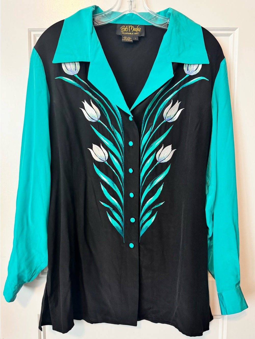 Bob Mackie Wearable Art Silk Embroidered Tulip Button Front Blouse Top L